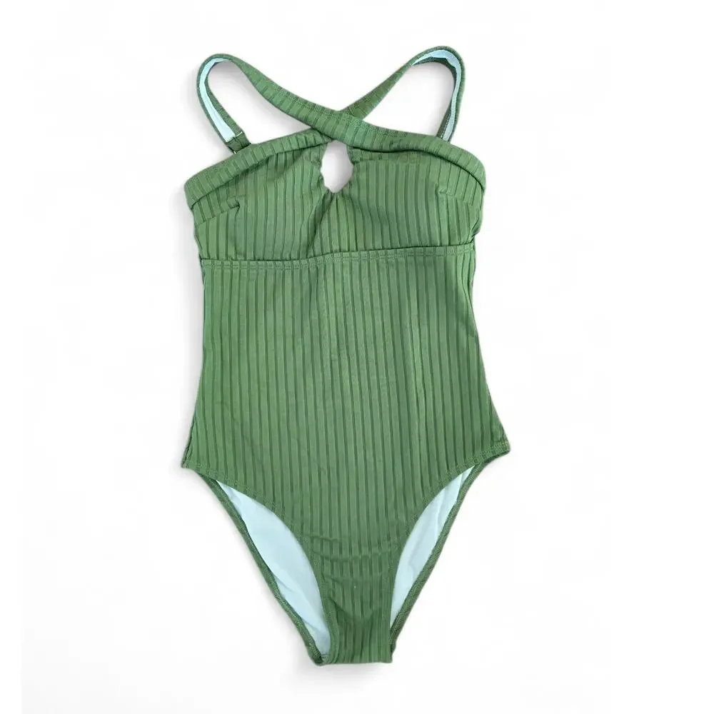 CUPSHE Ribbed Green One Piece Swimsuit Cutout Criss Cross Back Size S NWT